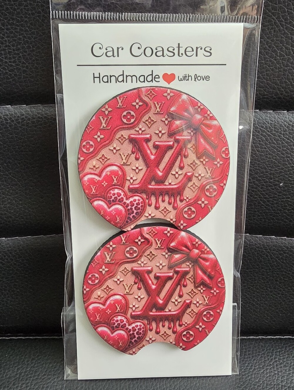 Handmade Red Car Coaster Set with Decorative Monogram